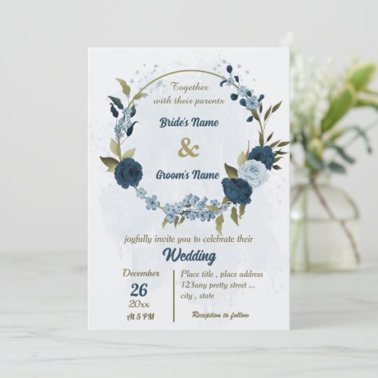 ライトブルーのネイビーブルーの花ボタニ結婚ーズ 招待状 (スタンド正面)