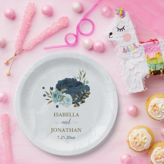 ライトブルーのネイビー結婚フラワーズ ペーパープレート (パーティー)