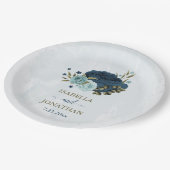 ライトブルーのネイビー結婚フラワーズ ペーパープレート (アングル)