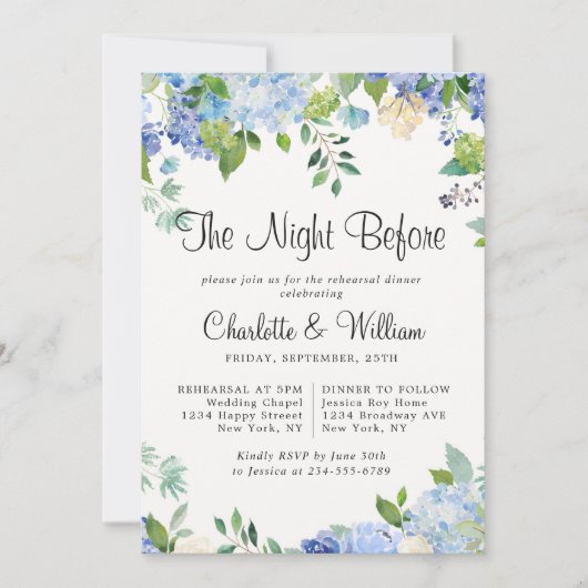ライトブルーのハイドレンジア フラワーチック リハーサルディナー 招待状 (正面)