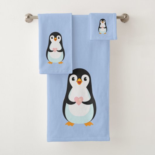 ライトブルーのハートを持つかわいいペンギン バスタオルセット (インサイチュ)