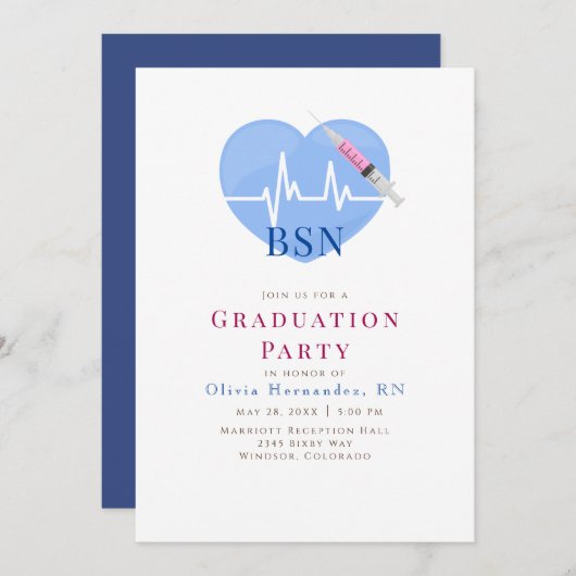 ライトブルーのハート、ハートビート、シリンジ看護 招待状 (正面/裏面)