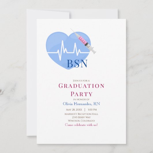 ライトブルーのハート、ハートビート、注射器の看護 招待状 (正面)