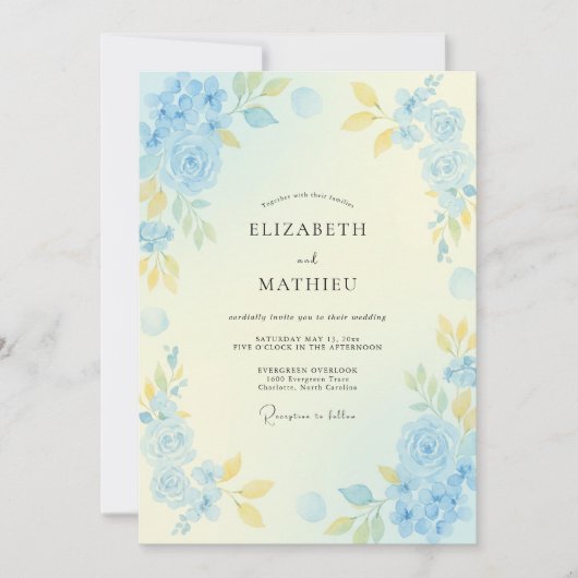 ライトブルーのパステルフラワーの結婚式 招待状 (正面)