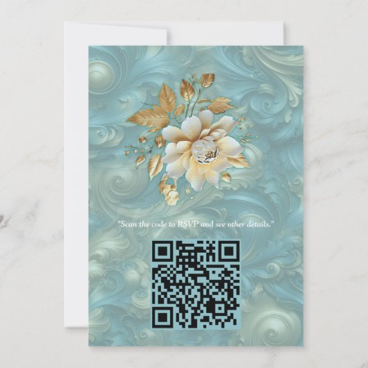 ライトブルーのパレットにゴールドのバロック様式のデザイン 招待状 (裏面)