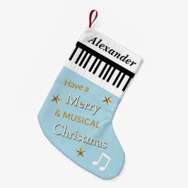 ライトブルーのピアノ鍵盤の音楽テーマのカスタマイズデザイン スモールクリスマスストッキング