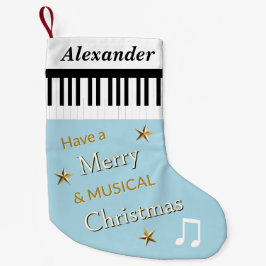 ライトブルーのピアノ鍵盤の音楽テーマのカスタマイズデザイン スモールクリスマスストッキング