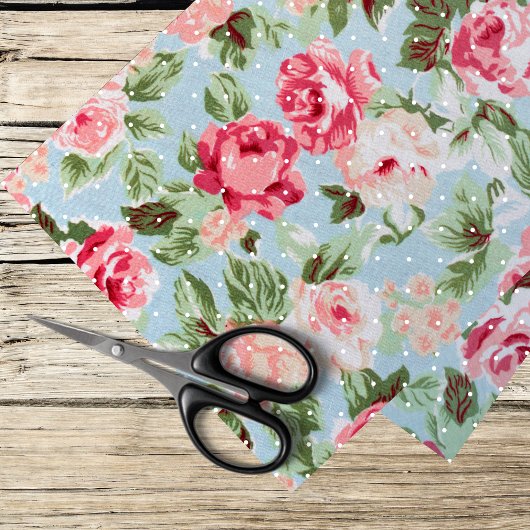 ライトブルーのピンクのバラと白い水玉模様 薄葉紙