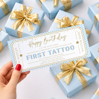 ライトブルーのファーストタトゥー誕生日ギフトバウチャー 招待状