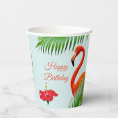 ライトブルーのフラミンゴ離れス、ハイビスカスおよびヤシ 紙コップ (裏面)