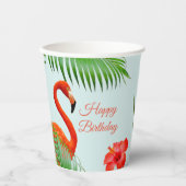 ライトブルーのフラミンゴ離れス、ハイビスカスおよびヤシ 紙コップ (正面)