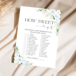 ライトブルーのフローラル「How Sweet Is It」ベビーシャワーゲーム