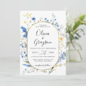 ライトブルーのフローラ金ゴールドQR RSVPすべて結婚の1 招待状 (スタンド正面)