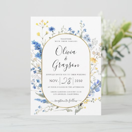 ライトブルーのフローラ金ゴールドQR RSVPすべて結婚の1 招待状 (スタンド正面)