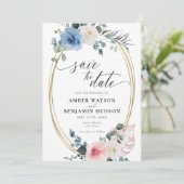 ライトブルーのフワッとしたダスティピンクの花柄 Save The Date 招待状 (スタンド正面)