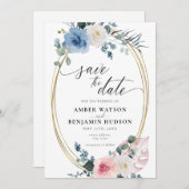 ライトブルーのフワッとしたダスティピンクの花柄 Save The Date 招待状 (正面/裏面)