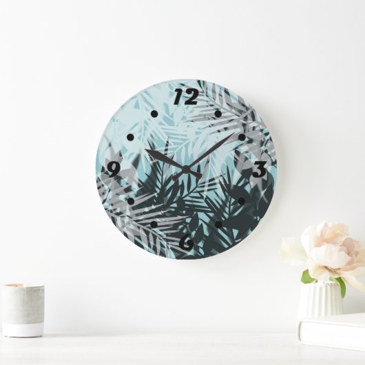 ライトブルーのブラックトロピカルパターン大型クロック ラージ壁時計 (ホーム)