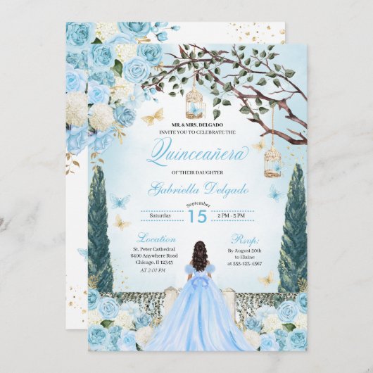 ライトブルーのプリンセス エンチャンテッド ガーデン キンセアニエラ 招待状 (正面/裏面)