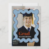 ライトブルーのレトロな波状卒業招待状 案内状 (正面)