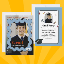 ライトブルーのレトロな波状卒業招待状 案内状