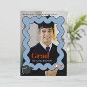 ライトブルーのレトロな波状卒業招待状 案内状 (スタンド正面)