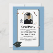 ライトブルーのレトロな波状卒業招待状 案内状 (裏面)