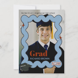 ライトブルーのレトロな波状卒業招待状 案内状