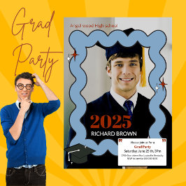 ライトブルーのレトロな波状卒業 案内状