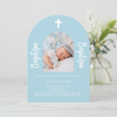 ライトブルーの写真アーチ台本の少年バプテスマ 招待状 (スタンド正面)