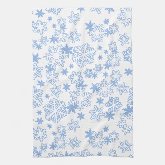 ライトブルーの冬の雪の結晶パターン キッチンタオル (縦)