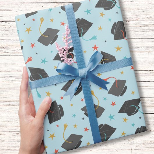 ライトブルーの卒業キャップとタッセル ラッピングペーパー