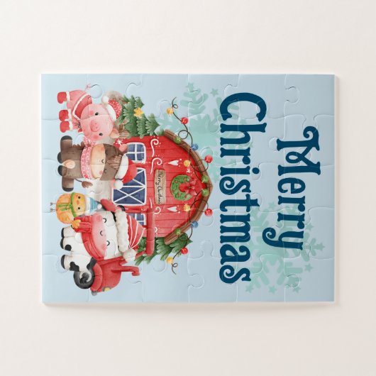 ライトブルーの可愛いクリスマスファーム動物 ジグソーパズル (横)