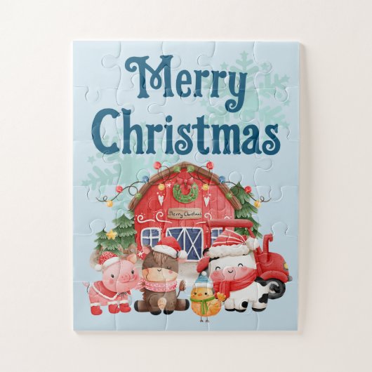 ライトブルーの可愛いクリスマスファーム動物 ジグソーパズル (縦)