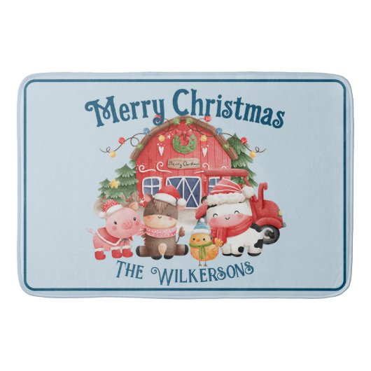 ライトブルーの可愛いクリスマスファーム動物 バスマット (正面)
