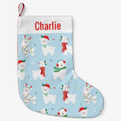 ライトブルーの可愛いクリスマスラマ スモールクリスマスストッキング (正面)
