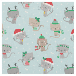 ライトブルーの可愛いクリスマス猫 ファブリック