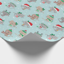ライトブルーの可愛いクリスマス猫 ラッピングペーパー