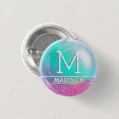 ライトブルーの可愛いピンクのグリッターパーソナライズされた名 缶バッジ (正面&裏面)