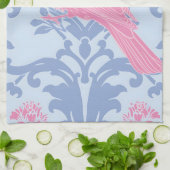 ライトブルーの可愛いピンクの鳥 キッチンタオル (折り畳み)