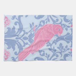 ライトブルーの可愛いピンクの鳥 キッチンタオル