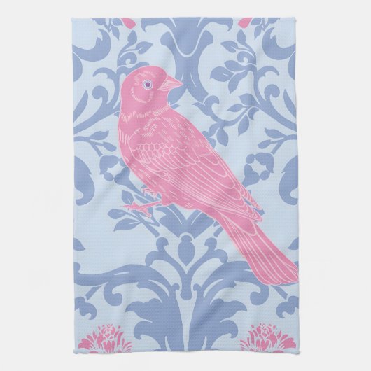 ライトブルーの可愛いピンクの鳥 キッチンタオル (縦)
