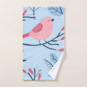 ライトブルーの可愛いピンクの鳥 バスタオルセット (ハンドタオル)