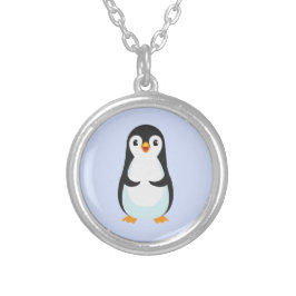 ライトブルーの可愛いペンギン シルバープレートネックレス