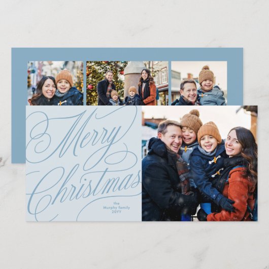 ライトブルーの大人っぽいクリスマス家族写真カード シーズンカード (正面/裏面)