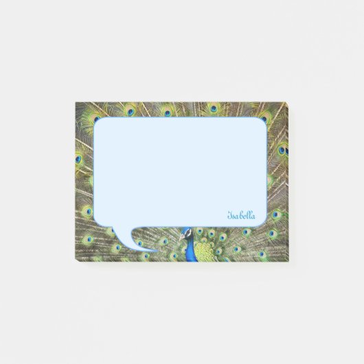ライトブルーの孔雀の羽と書道デザイン ポストイット (正面)
