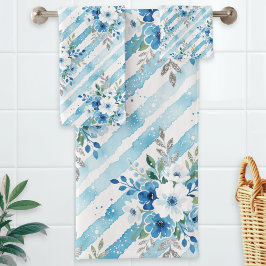 ライトブルーの幾何学模様が爽やかなコーストスタイルのスパバスルームデコレーション バスタオルセット