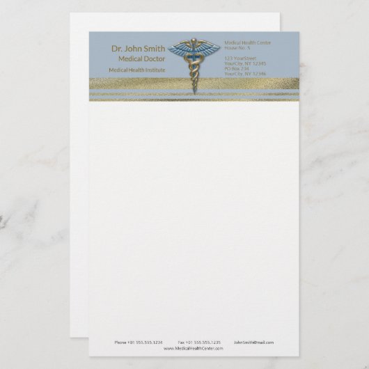 ライトブルーの杖の偽の金箔ストライプ医療用 便箋 (正面/裏面)