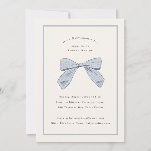 ライトブルーの格子弓エレガント男の子ベイビーシャワー 招待状 (正面)