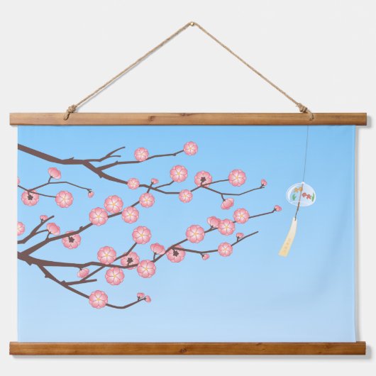 ライトブルーの梅とガラスの風鈴 吊り下げ型タペストリー (正面)