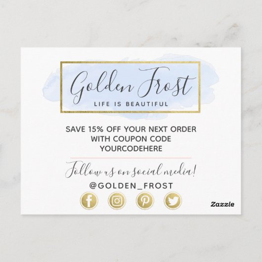 ライトブルーの水彩とモダンゴールドのジオ ポストカード (裏面)